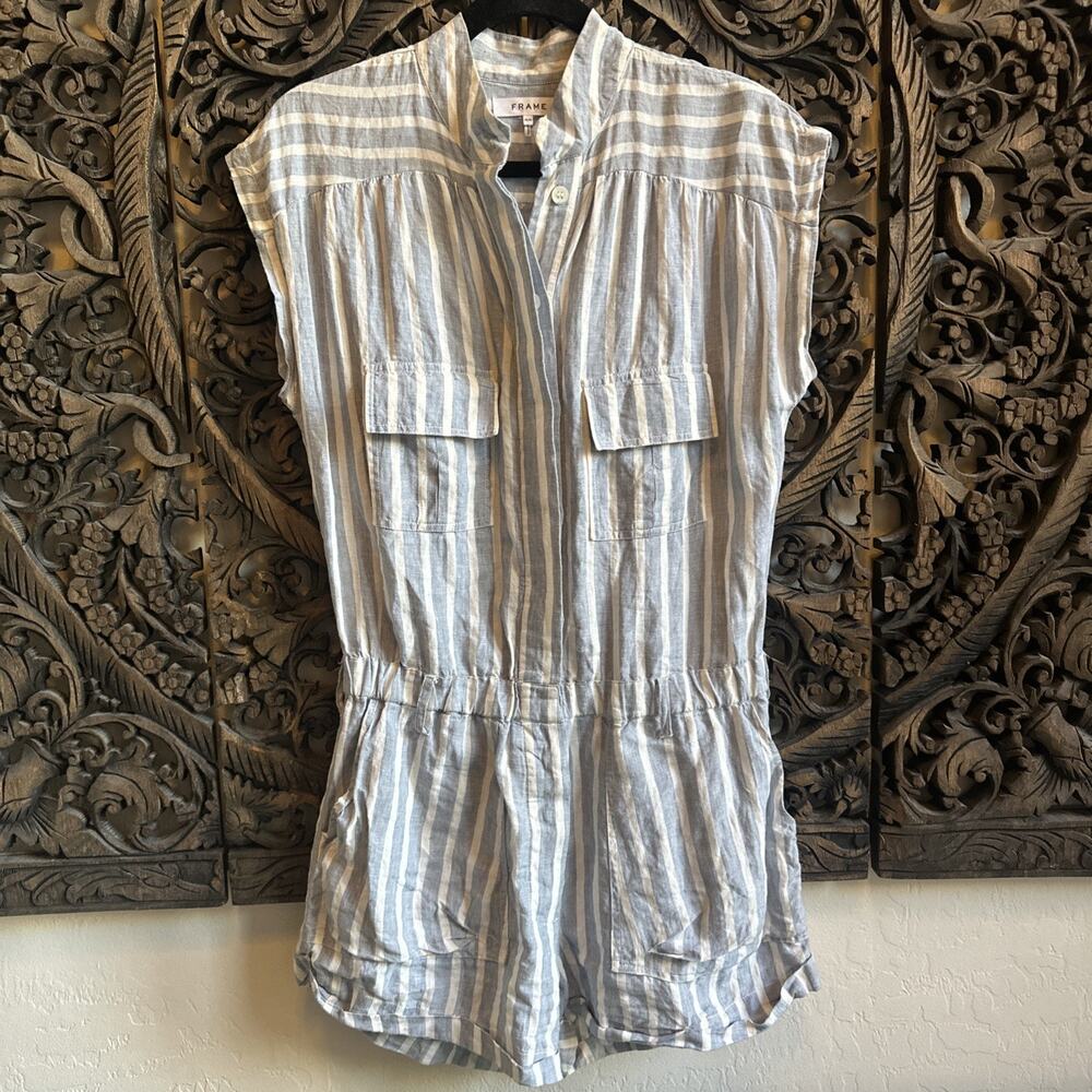 FRAME Striped 100% Linen Romper Women’s Size Medium Chambray Multi No Tie